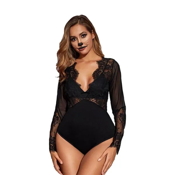[swsexy03190918808-XL] Body de cuello V con transparencias de encaje